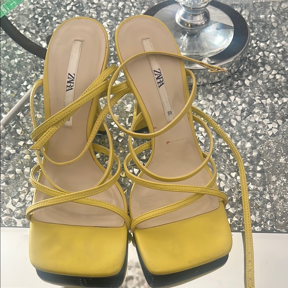 ZARA Yellow Strappy Square-Toe Sandals